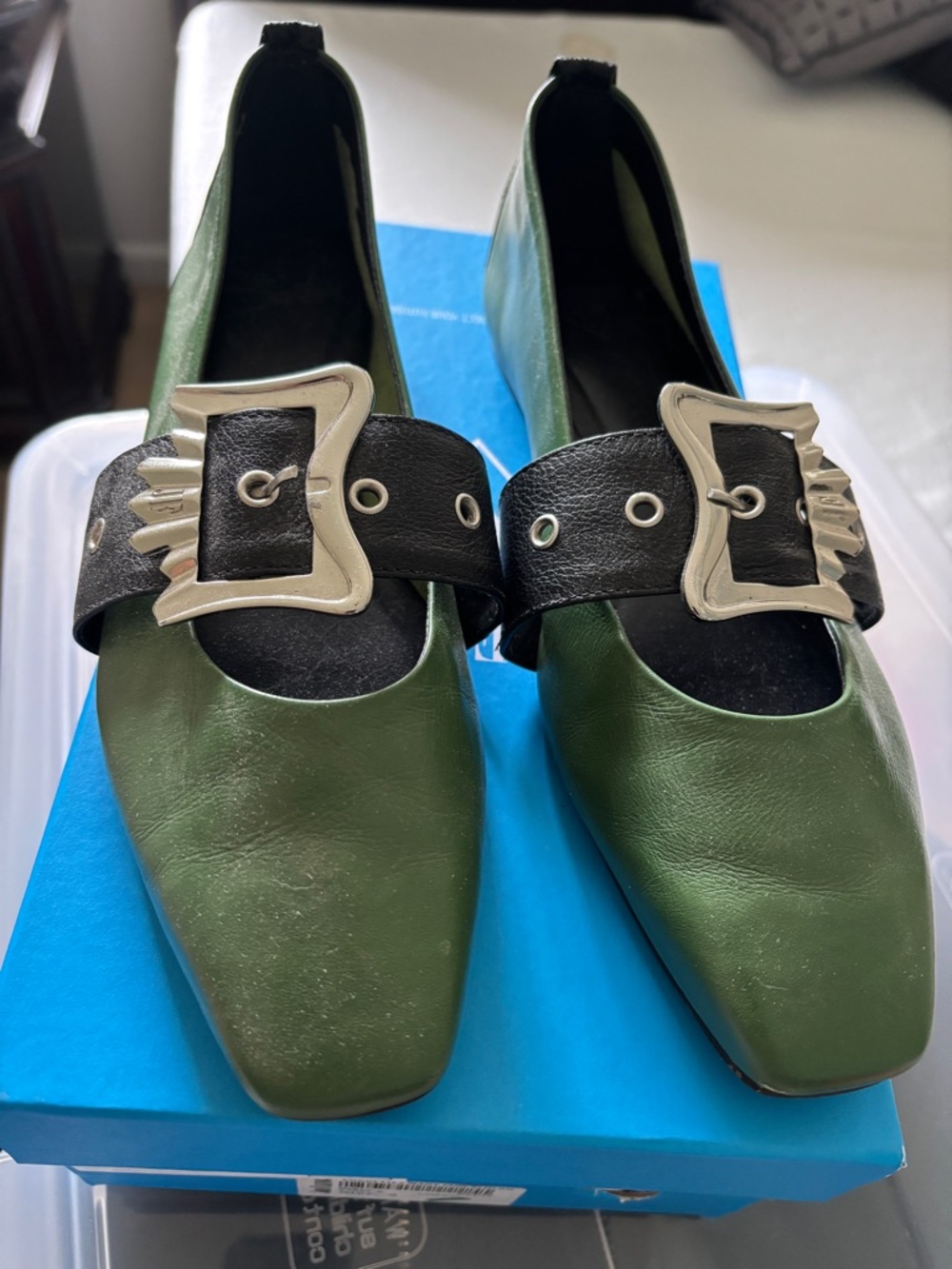 John Fluevog Olive Green Leather Flats with Black Buckle Strap